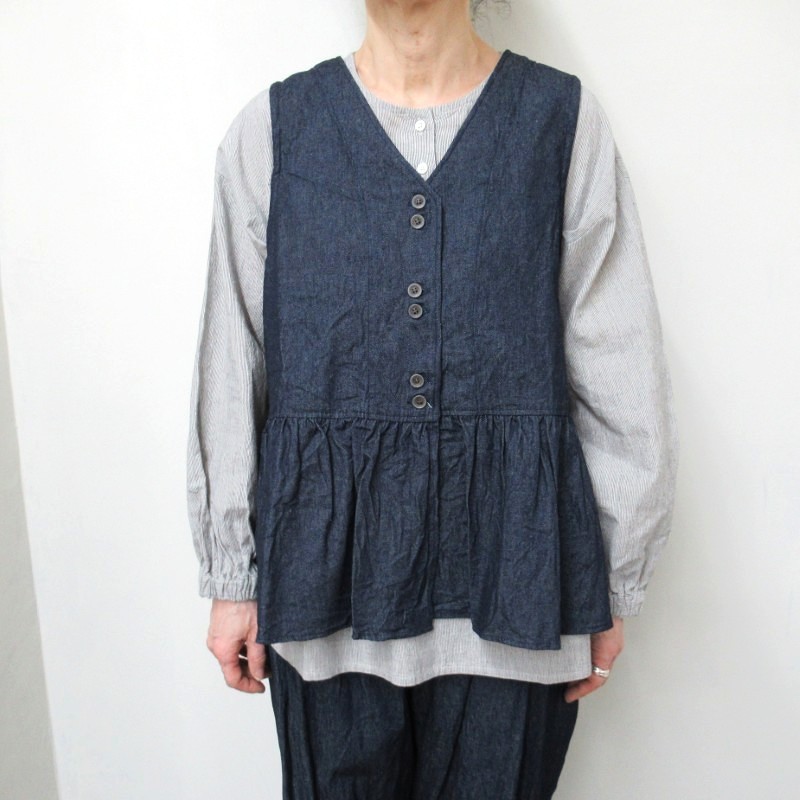 ina  ウエスト切替ギャザーベスト /デニム73 【日本製】